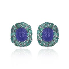 Set in 18K Gold, carved Tanzanites, carved Emeralds & Diamonds Stud Earrings