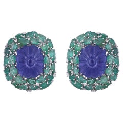 Set in 18K Gold, carved Tanzanites, carved Emeralds & Diamonds Stud Earrings