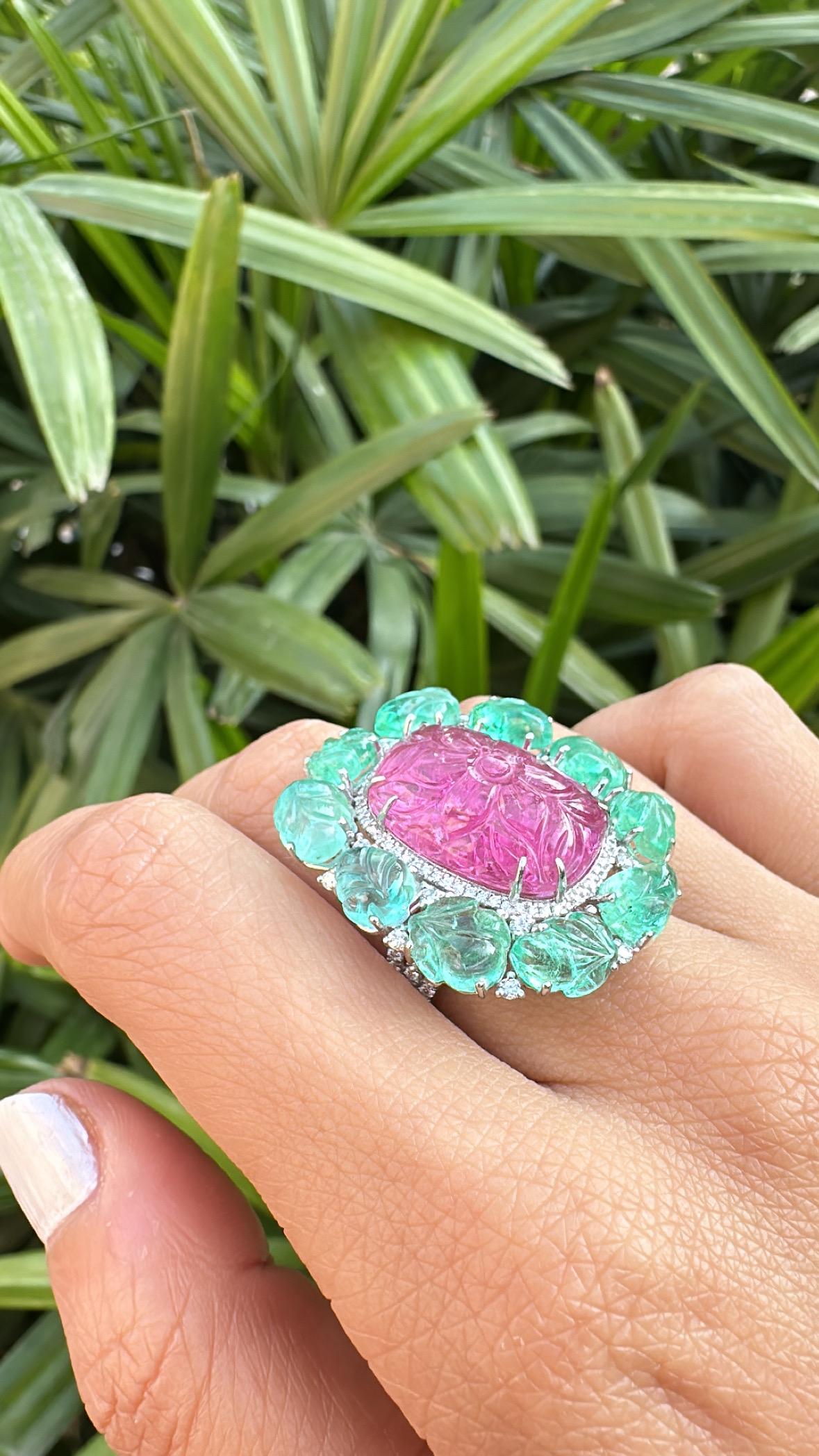 Engastado en Oro de 18K, Turmalina tallada, Esmeraldas y Diamantes Anillo de Cóctel 4