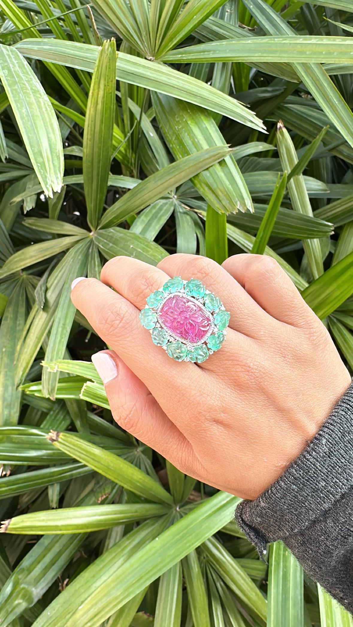 Engastado en Oro de 18K, Turmalina tallada, Esmeraldas y Diamantes Anillo de Cóctel 5
