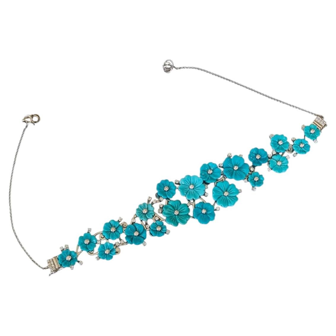 Set in 18K Gold, carved Turquoise & natural Diamonds Bracelet/Choker Necklace