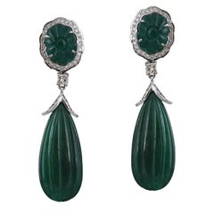 Set in 18k Gold, Carved Zambian Emerald and Fancy Diamonds Necklace and Earrings