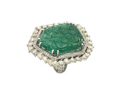 Set in 18 Karat Gold, Carved Zambian Emerald and Rose Cut Diamond Cocktail Ring