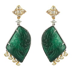 Set in 18K gold, carved Zambian Emerald and rose cut diamonds dangle earrings Set in 18K gold, carved Zambian Emerald and rose cut diamonds dangle earrings