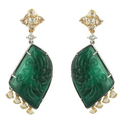 Set in 18k Gold, Carved Zambian Emerald and Rose Cut Diamonds Dangle Earrings Set in 18k Gold, Carved Zambian Emerald and Rose Cut Diamonds Dangle Earrings