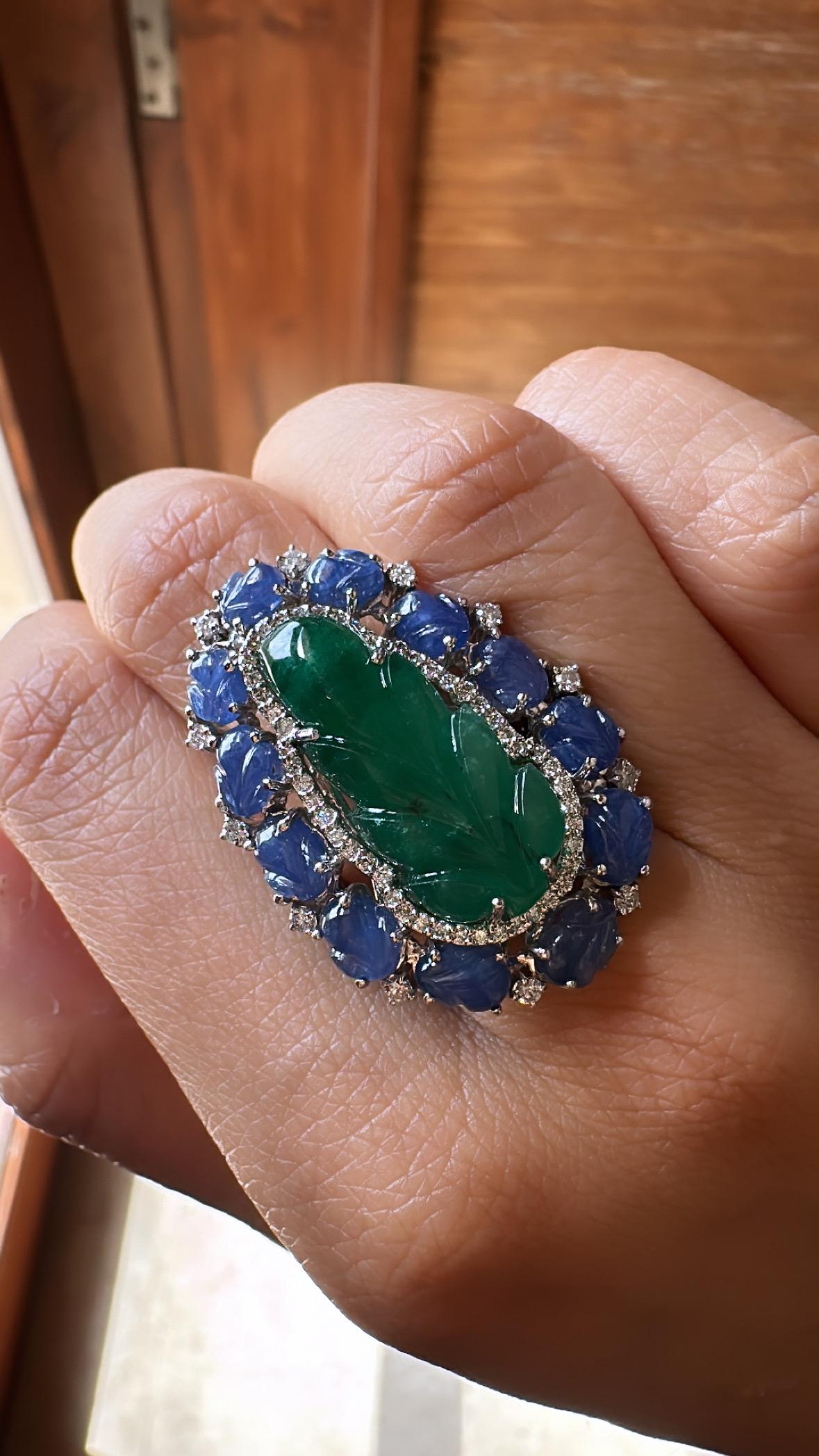 Set in 18K Gold, carved Zambian Emerald, Blue Sapphires & Diamonds Cocktail Ring For Sale 1
