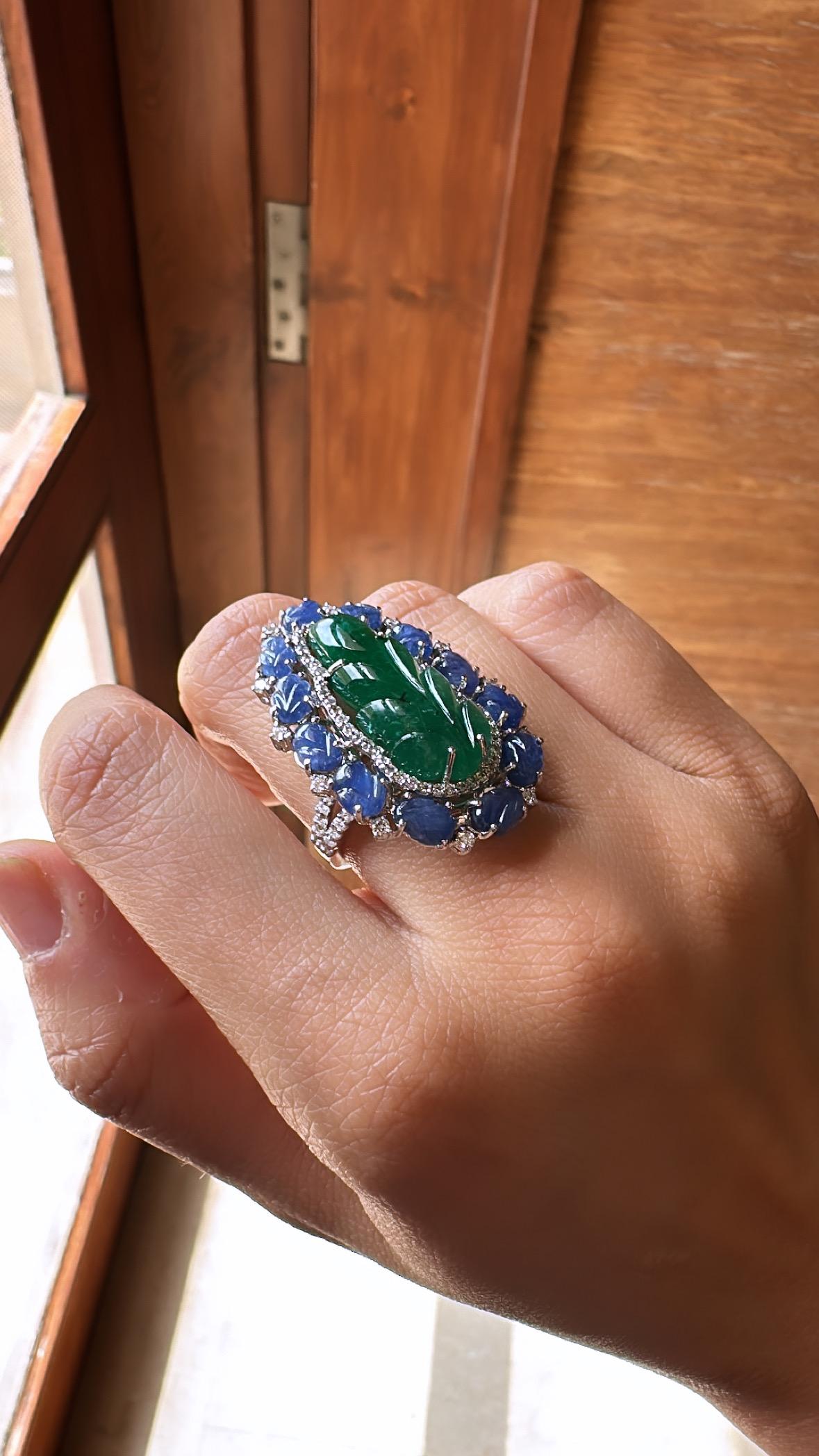 Set in 18K Gold, carved Zambian Emerald, Blue Sapphires & Diamonds Cocktail Ring For Sale 2