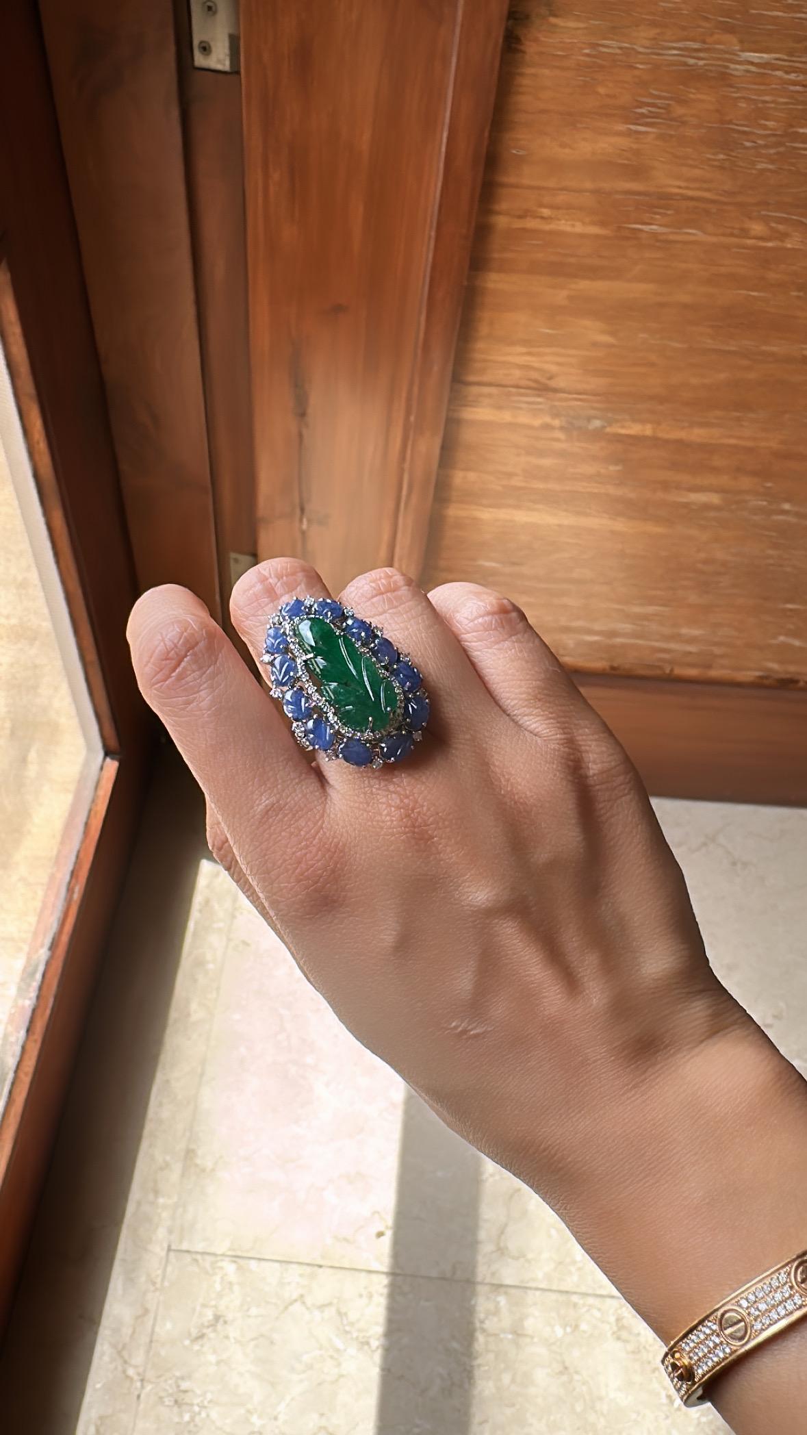 Set in 18K Gold, carved Zambian Emerald, Blue Sapphires & Diamonds Cocktail Ring For Sale 3
