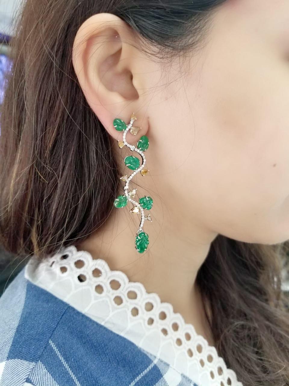Artisan 18K Gold Carved Zambian Emerald and Natural Colour Diamonds Chandelier Earrings