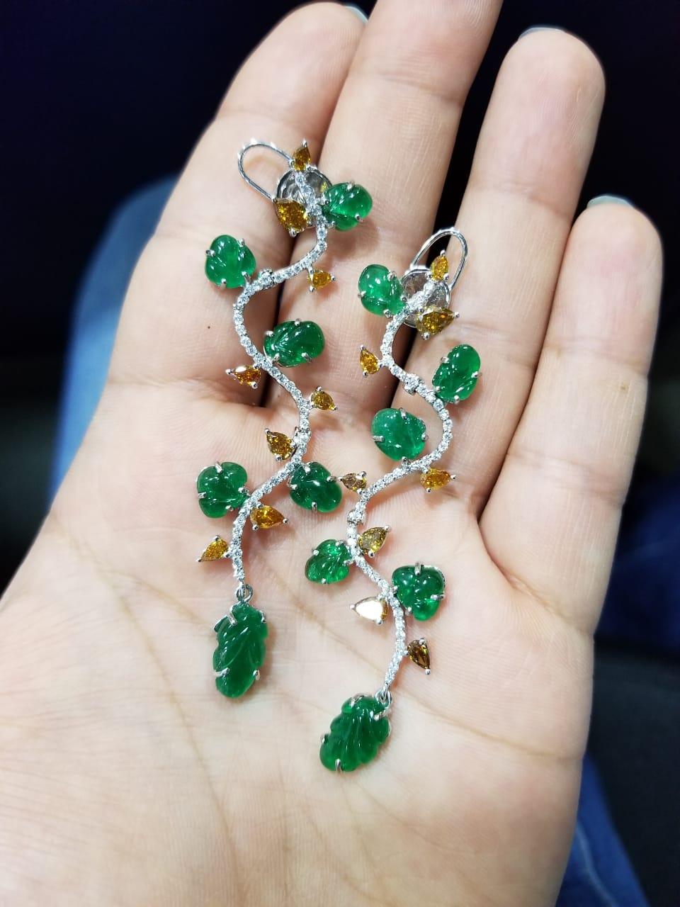 Pear Cut 18K Gold Carved Zambian Emerald and Natural Colour Diamonds Chandelier Earrings