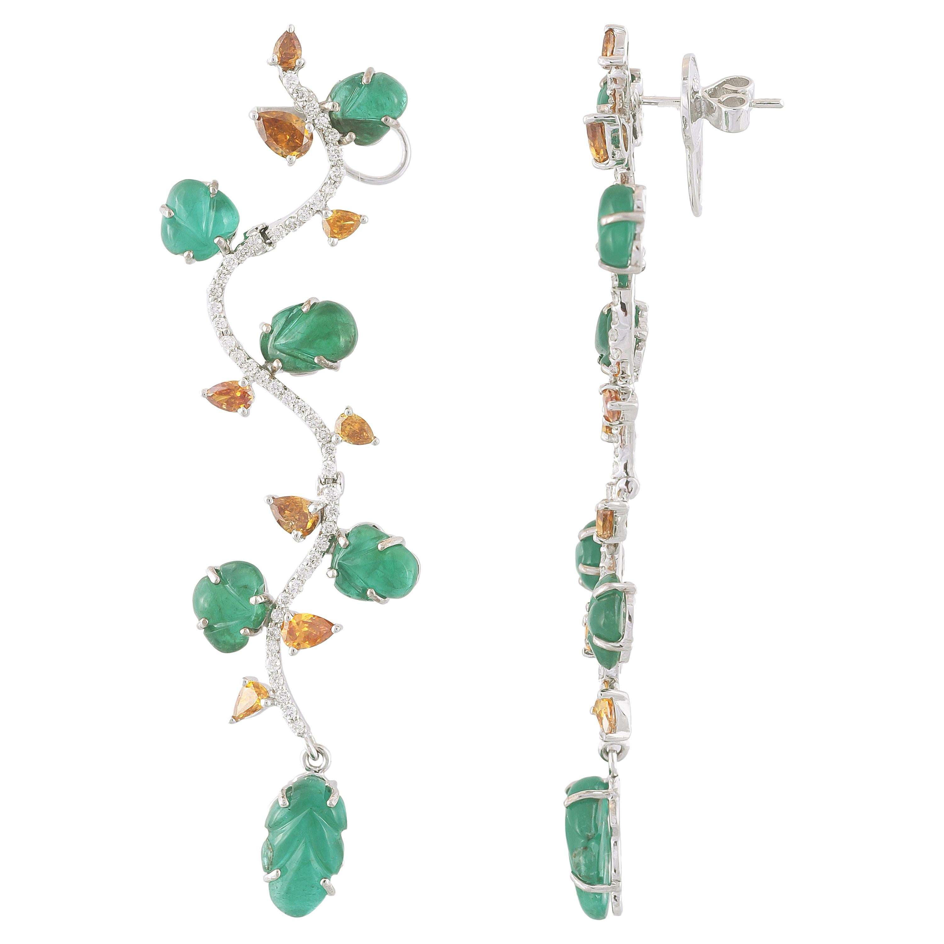 18K Gold Carved Zambian Emerald and Natural Colour Diamonds Chandelier Earrings