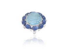 Set in 18K Gold, Caved Aquamarine, Carved Blue Sapphire & Diamonds Cocktail Ring