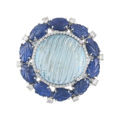 Set in 18K Gold, Caved Aquamarine, Carved Blue Sapphire & Diamonds Cocktail Ring