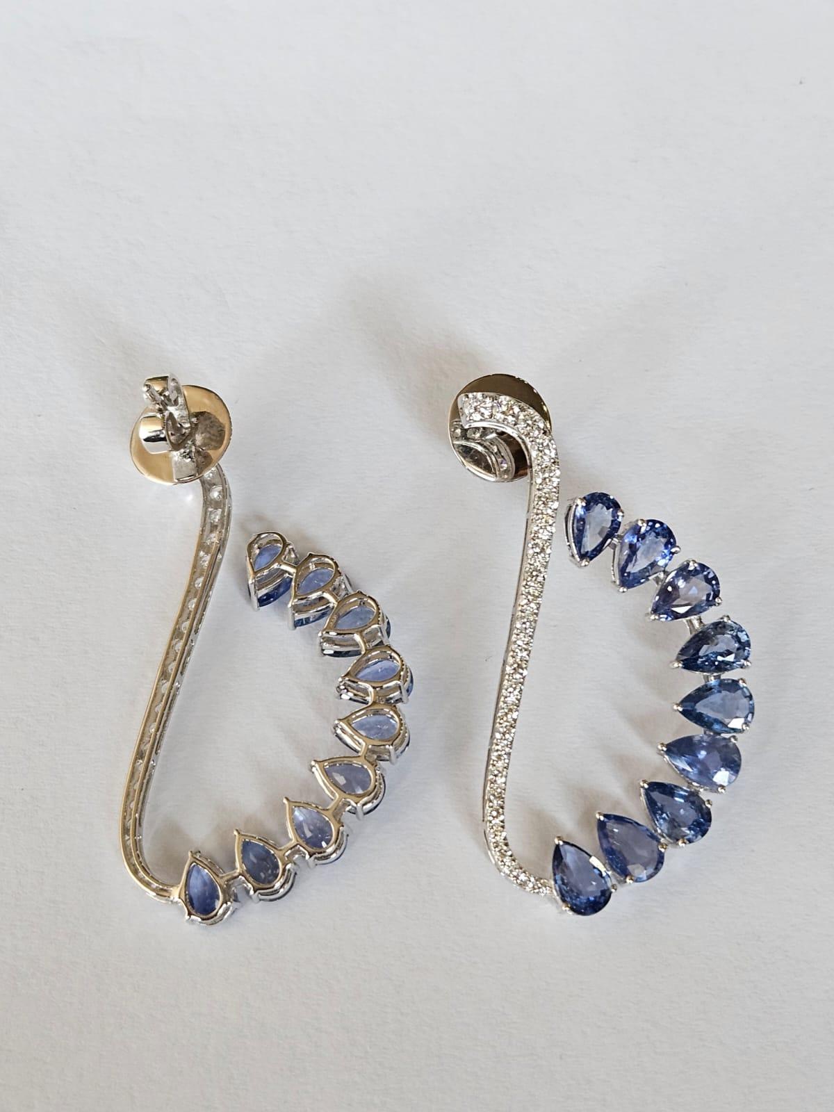 Modern Set in 18K Gold, Ceylon Blue Sapphire & Diamonds Dangle/ Chandelier Earrings For Sale