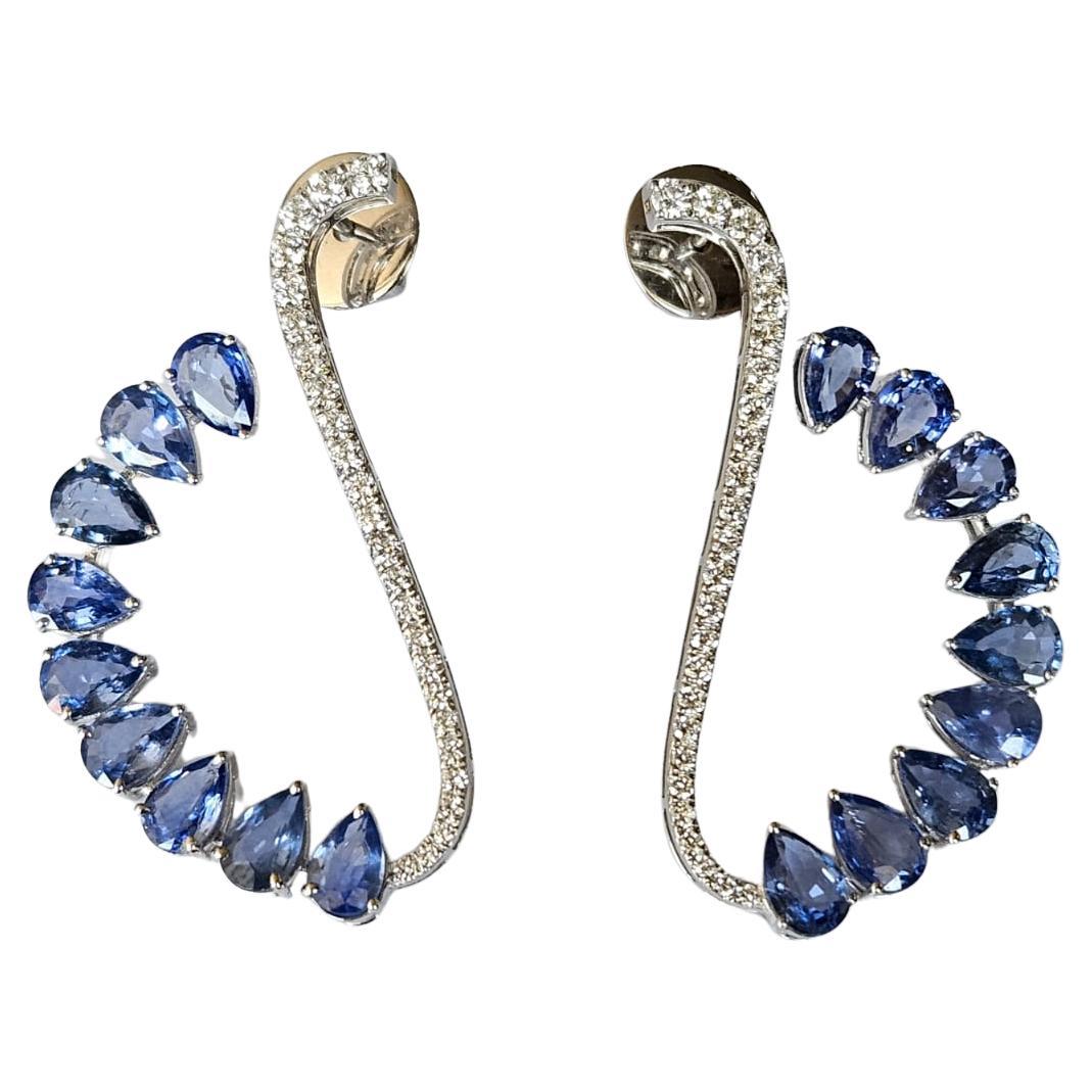 Set in 18K Gold, Ceylon Blue Sapphire & Diamonds Dangle/ Chandelier Earrings