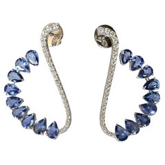 Set in 18K Gold, Ceylon Blue Sapphire & Diamonds Dangle/ Chandelier Earrings