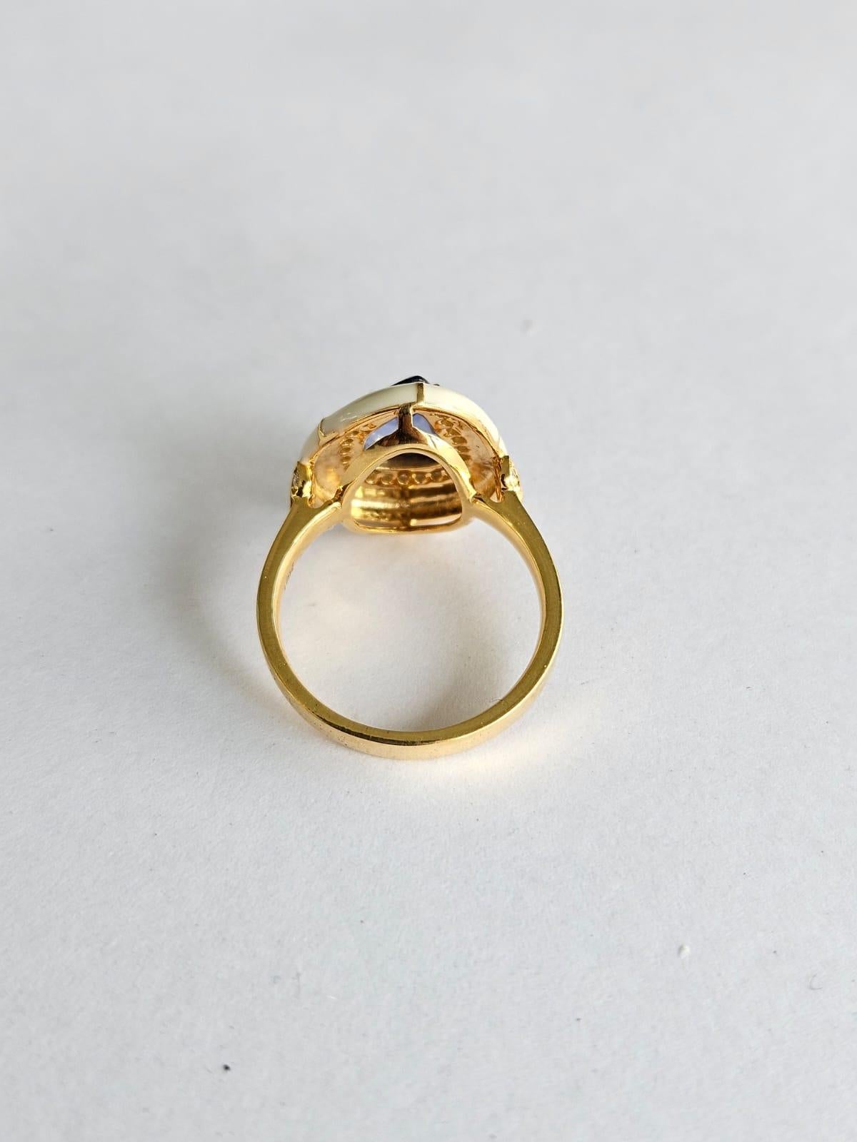 Modern Set in 18K Gold, Ceylon Blue Sapphire, White Enamel & Diamonds Engagement Ring For Sale