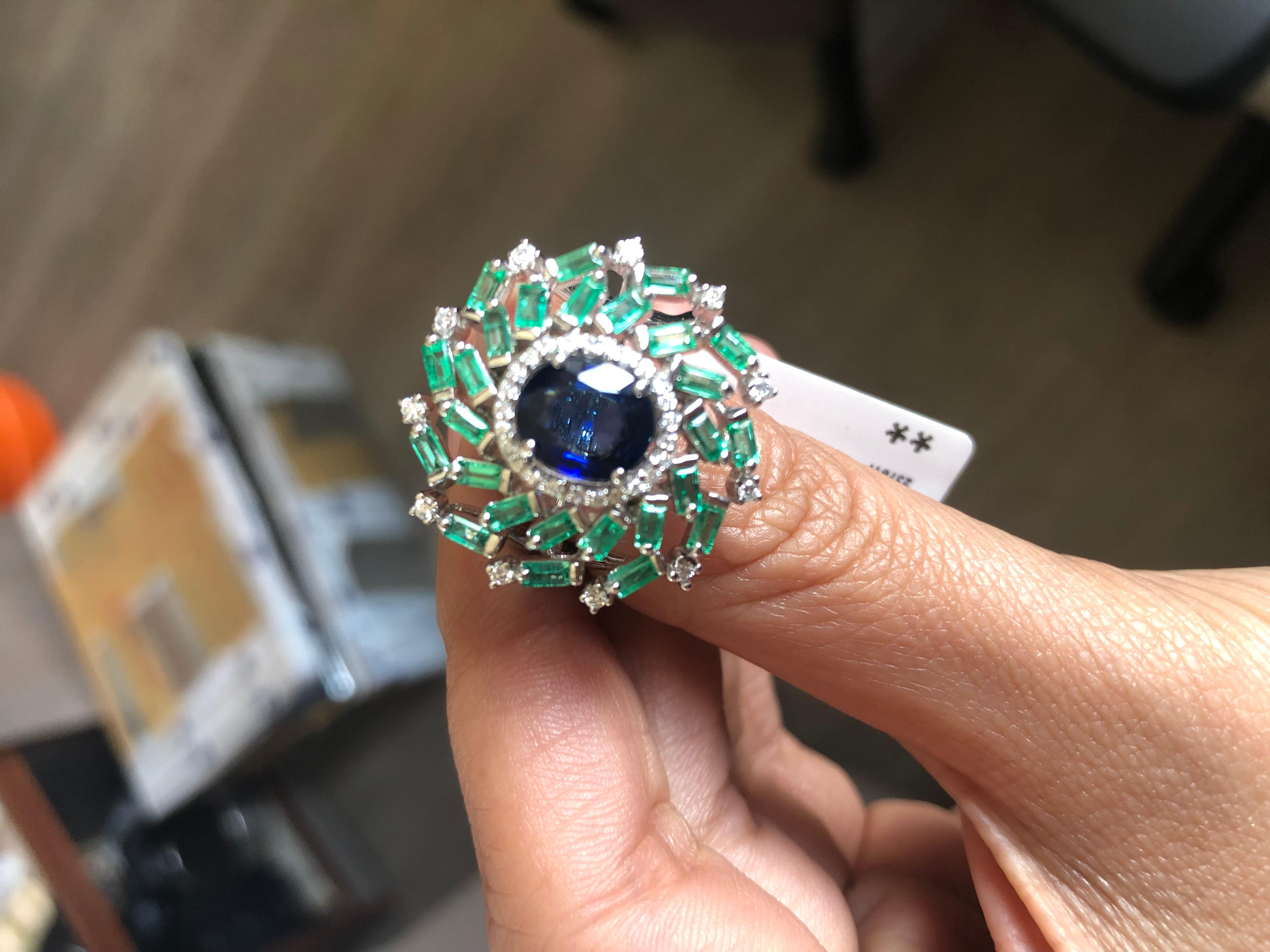 Aesthetic Movement Set in 18K Gold, Ceylon Blue Sapphire, Emerald Baguettes & Diamonds Cocktail Ring
