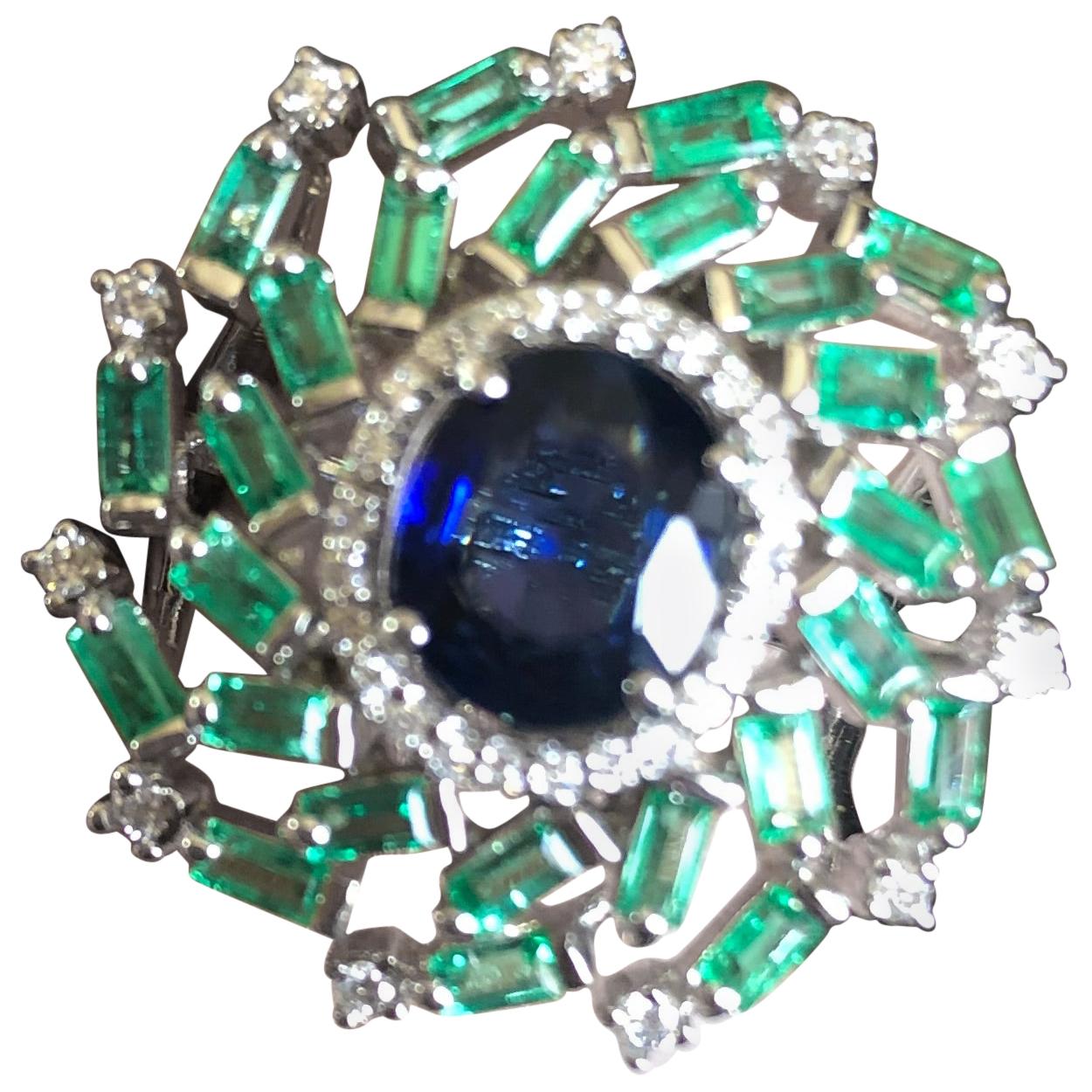 Set in 18K Gold, Ceylon Blue Sapphire, Emerald Baguettes & Diamonds Cocktail Ring