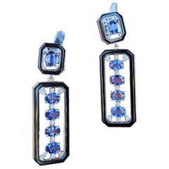 Set in 18K Gold, Ceylon Blue Sapphires, Black Onyx & Diamonds Dangle Earrings