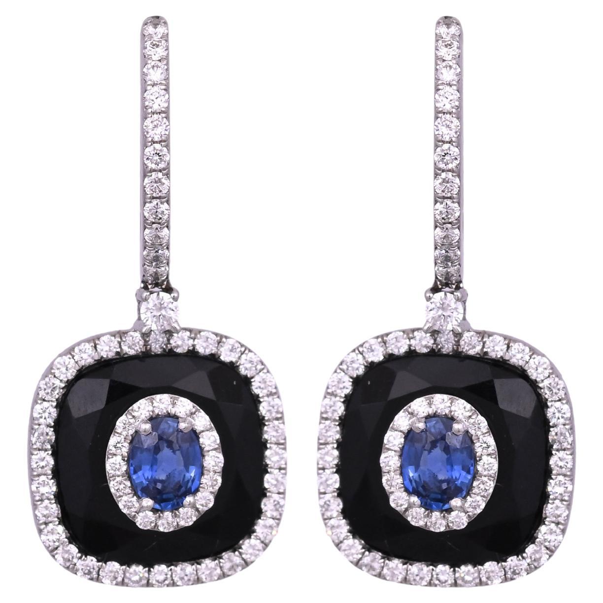 Set in 18K Gold, Ceylon Blue Sapphires, Black Onyx & Diamonds Dangle Earrings