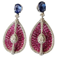 Set in 18K Gold, Ceylon Blue Sapphires, Pink Sapphires & Diamonds Drop Earrings