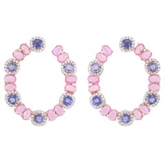Set in 18K Gold, Ceylon Blue Sapphires, Pink Sapphires & Diamonds Hoop Earrings