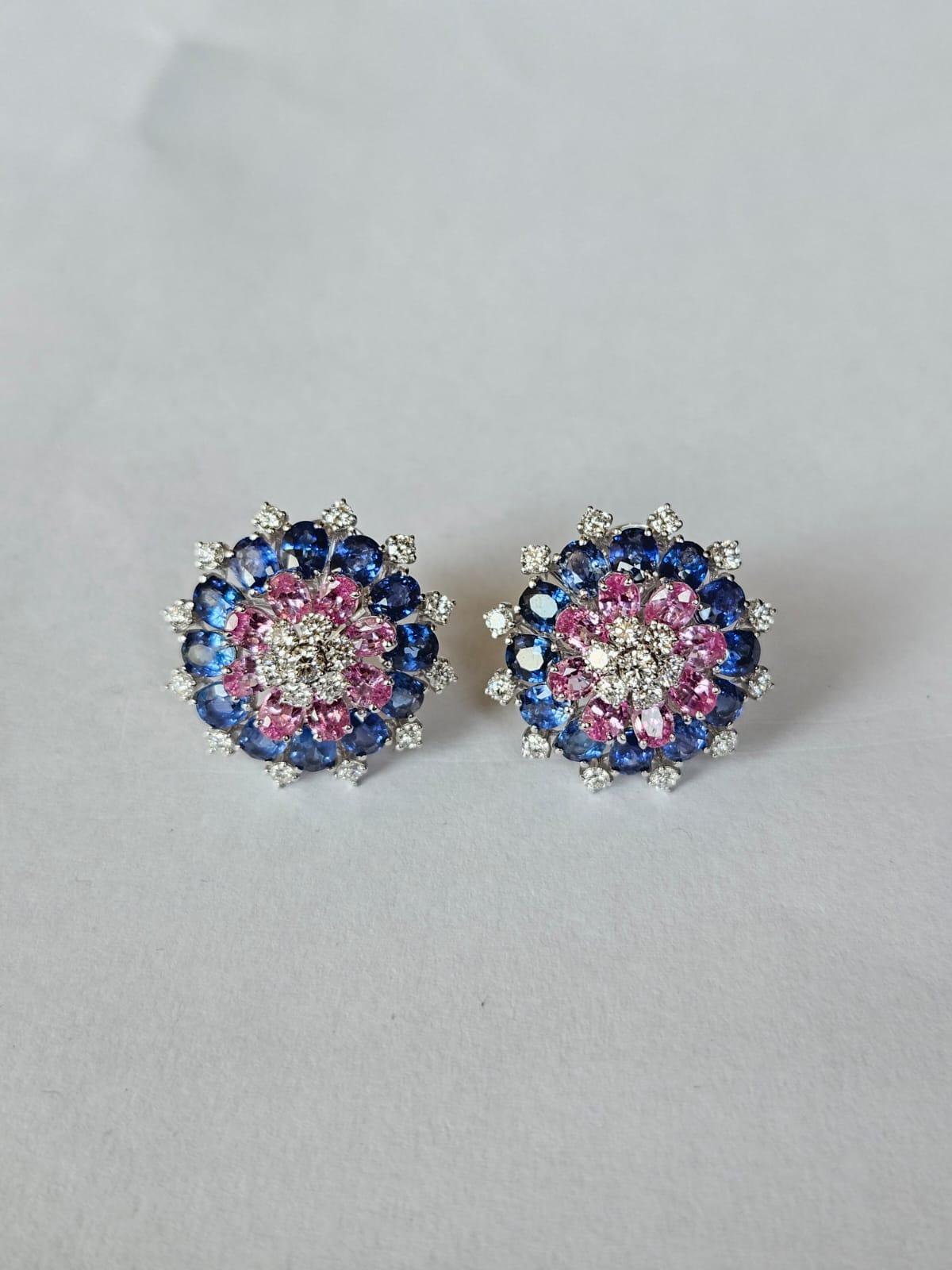 Set in 18K Gold, Ceylon Blue Sapphires, Pink Sapphires & Diamonds Stud Earrings For Sale 4