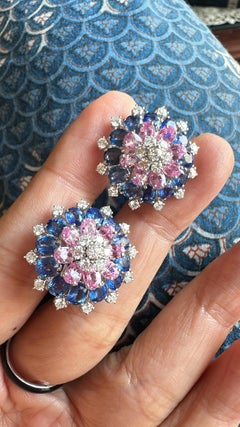 Set in 18K Gold, Ceylon Blue Sapphires, Pink Sapphires & Diamonds Stud Earrings