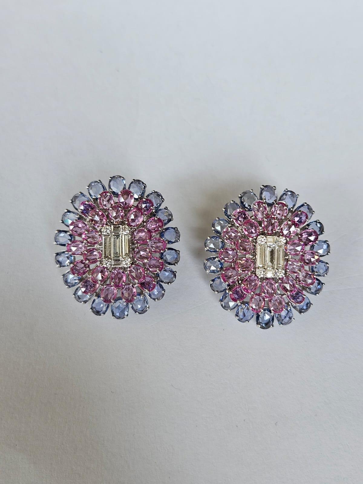 Modern Set in 18K Gold, Ceylon Blue Sapphires, Pink Sapphires & Diamonds Stud Earrings