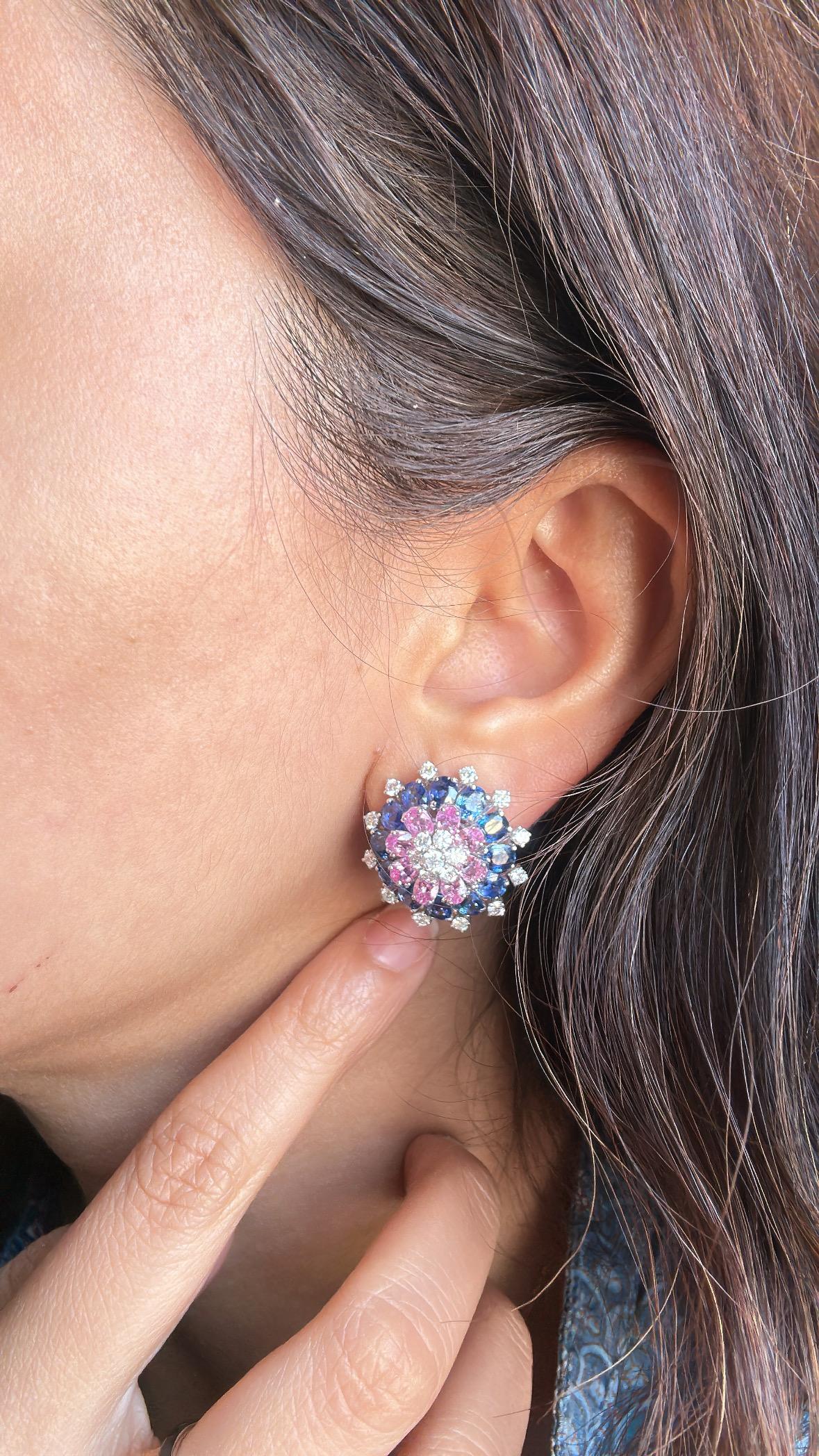 Modern Set in 18K Gold, Ceylon Blue Sapphires, Pink Sapphires & Diamonds Stud Earrings For Sale