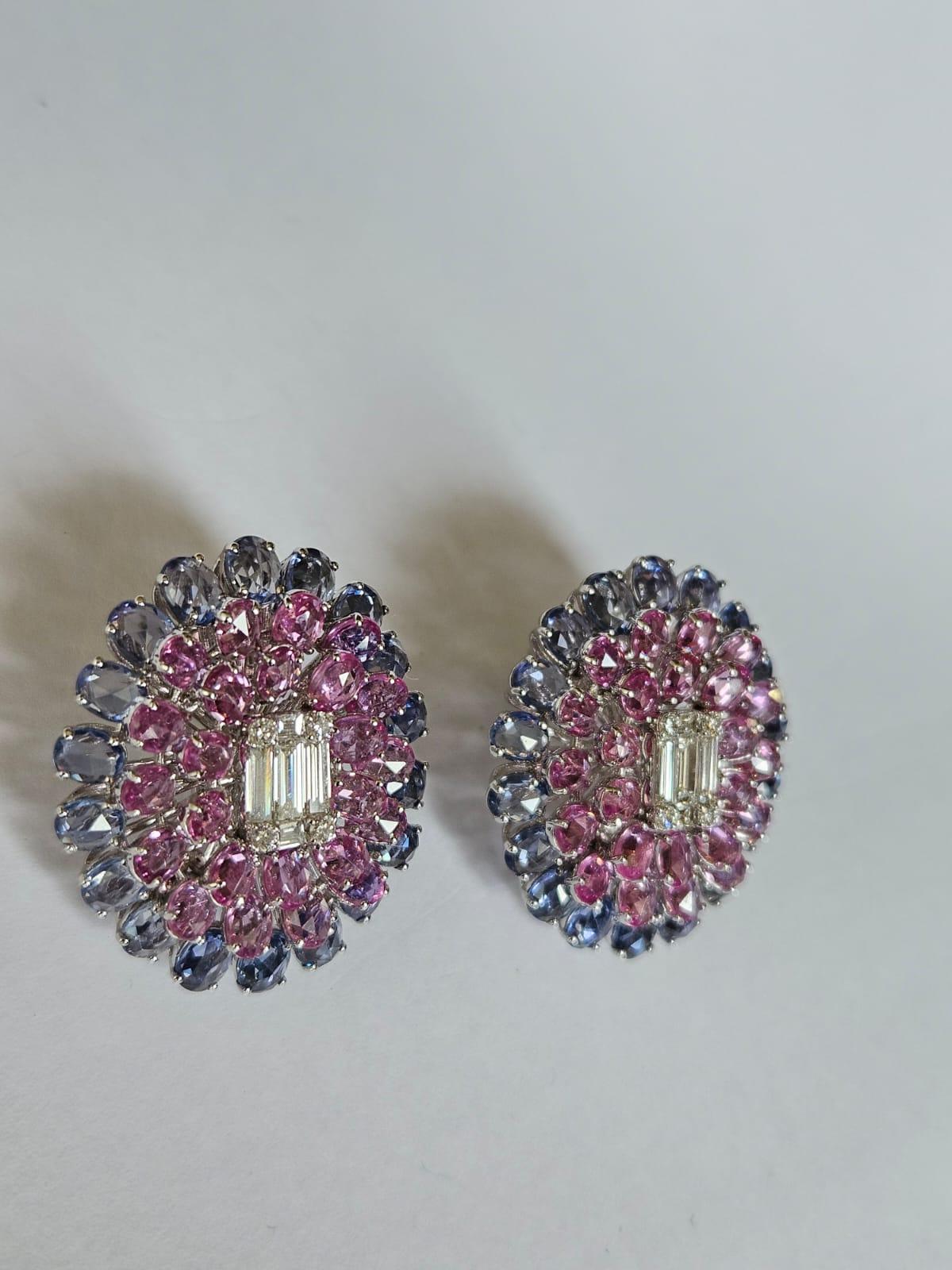 Rose Cut Set in 18K Gold, Ceylon Blue Sapphires, Pink Sapphires & Diamonds Stud Earrings