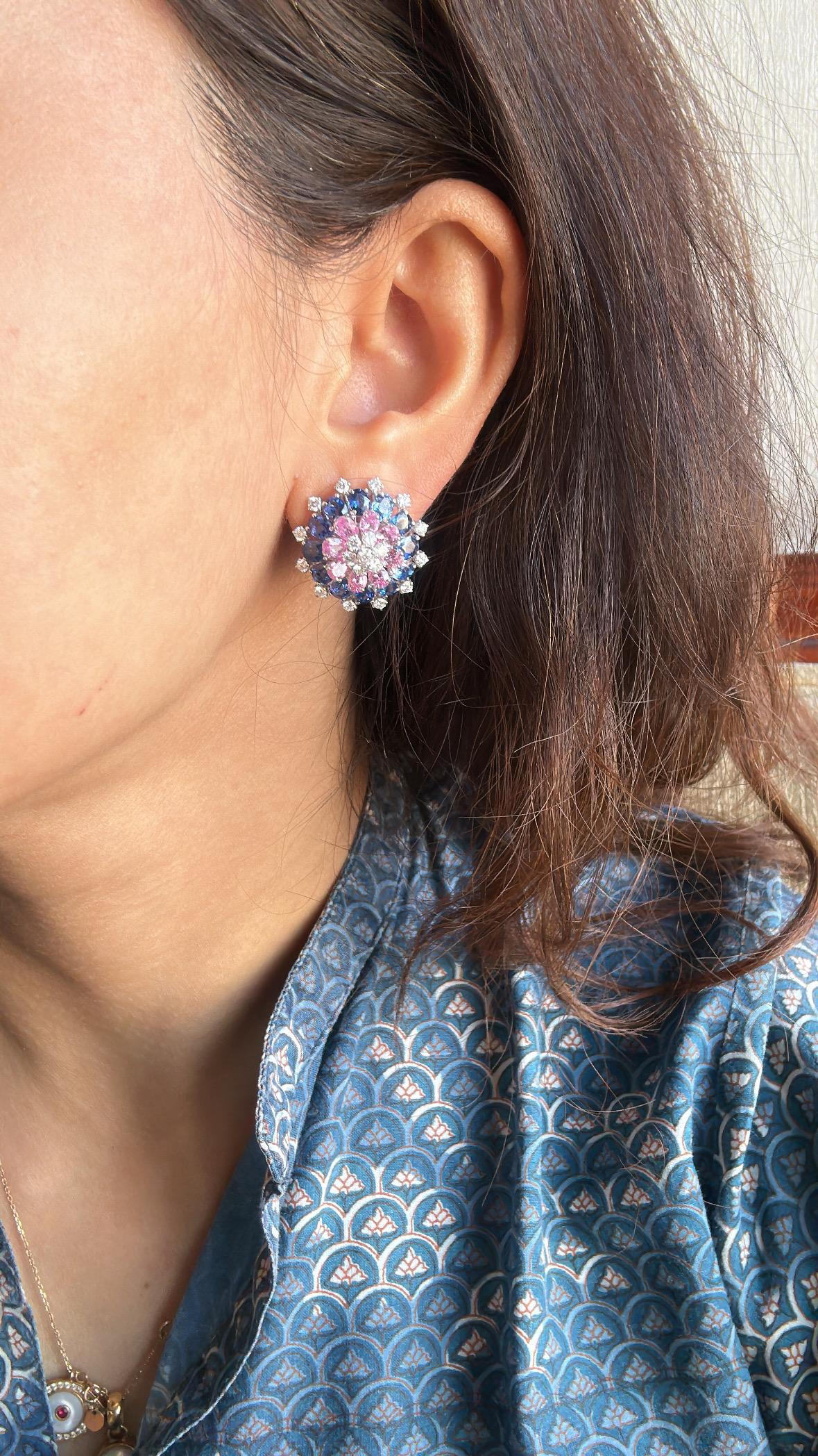 Set in 18K Gold, Ceylon Blue Sapphires, Pink Sapphires & Diamonds Stud Earrings In New Condition For Sale In Hong Kong, HK