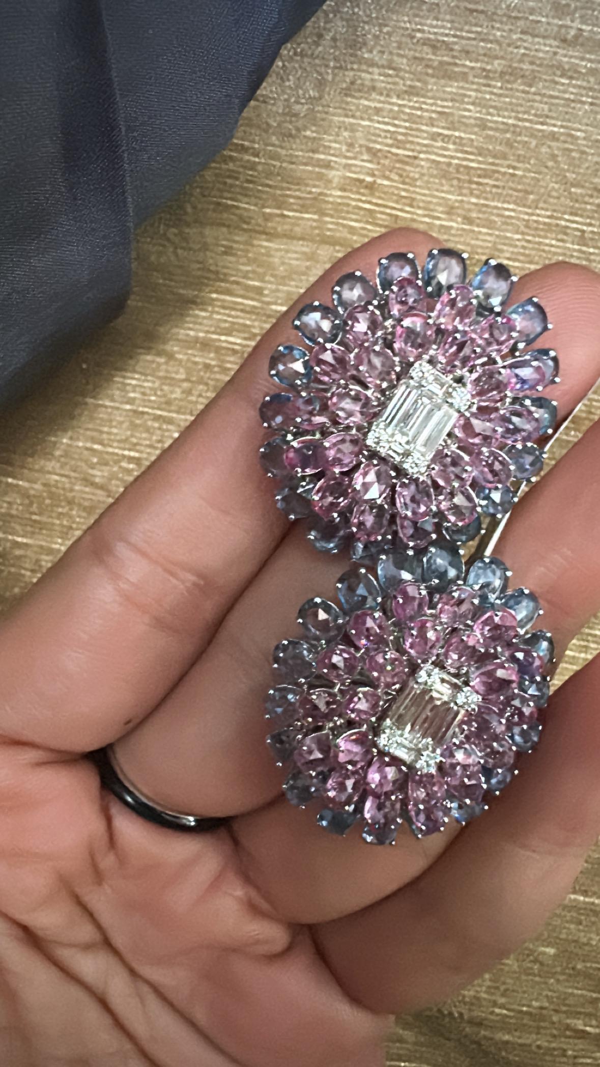 Women's or Men's Set in 18K Gold, Ceylon Blue Sapphires, Pink Sapphires & Diamonds Stud Earrings