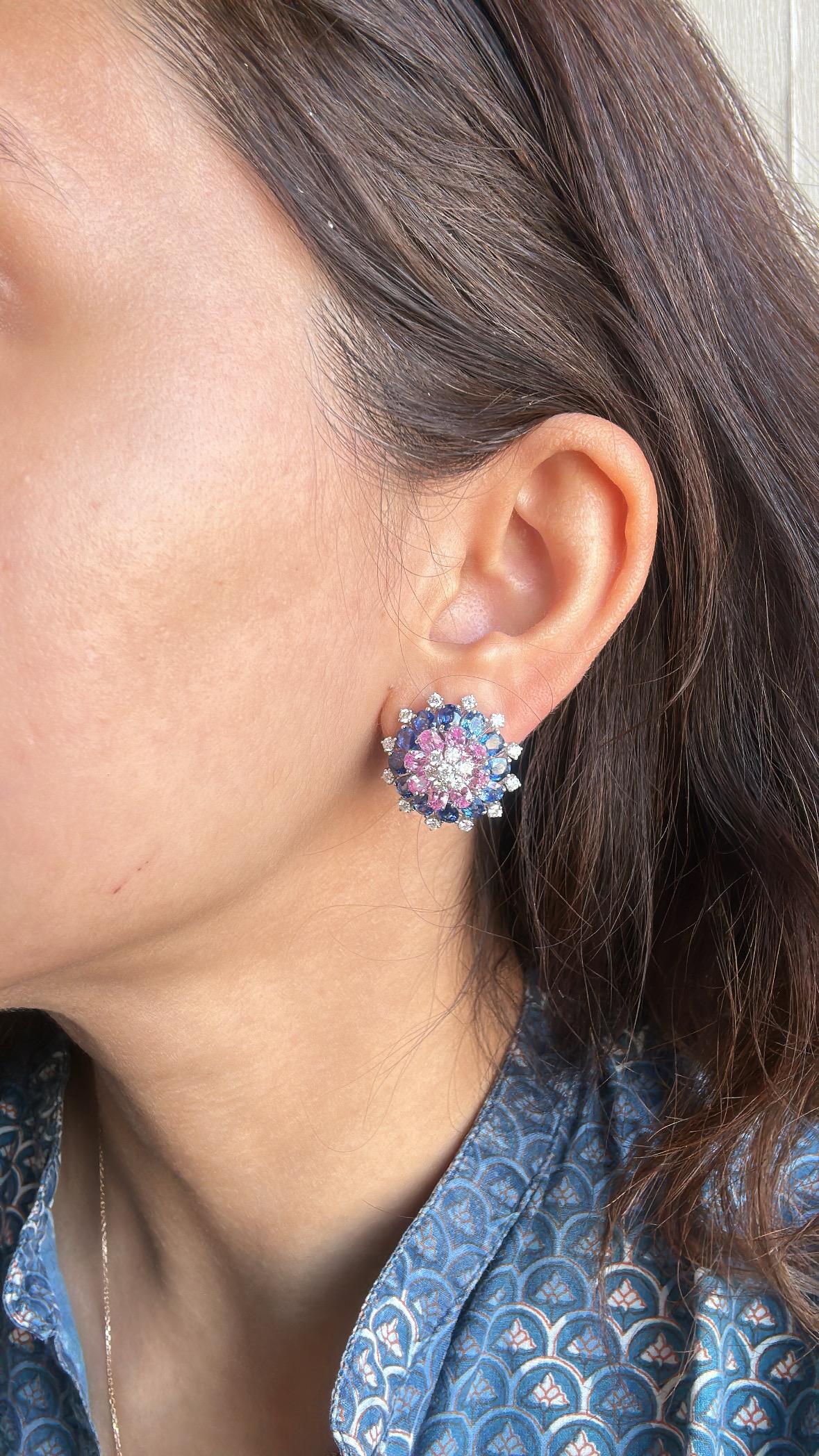 Women's or Men's Set in 18K Gold, Ceylon Blue Sapphires, Pink Sapphires & Diamonds Stud Earrings For Sale