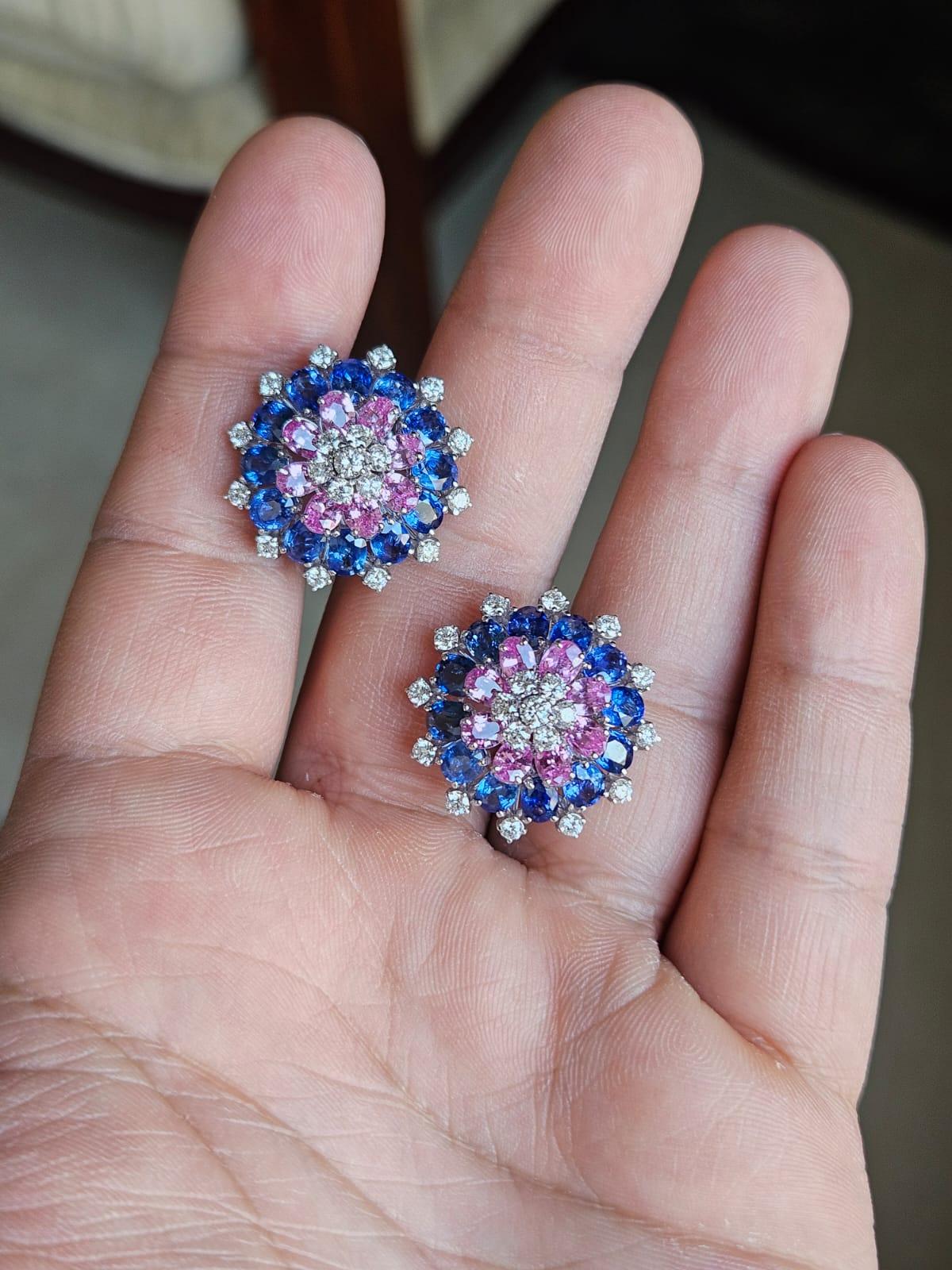 Set in 18K Gold, Ceylon Blue Sapphires, Pink Sapphires & Diamonds Stud Earrings For Sale 1
