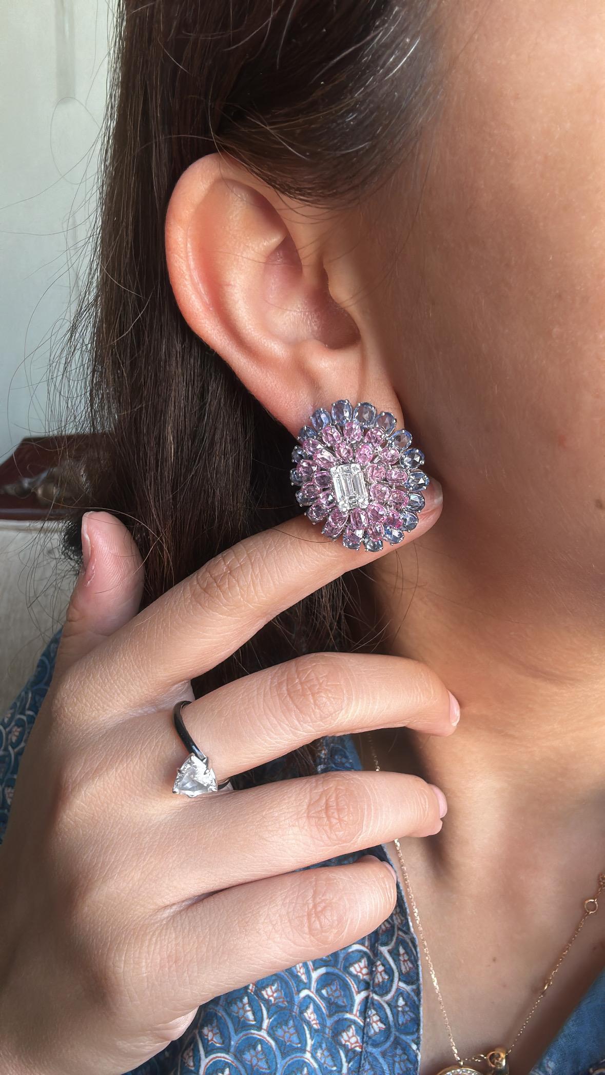 Set in 18K Gold, Ceylon Blue Sapphires, Pink Sapphires & Diamonds Stud Earrings 2