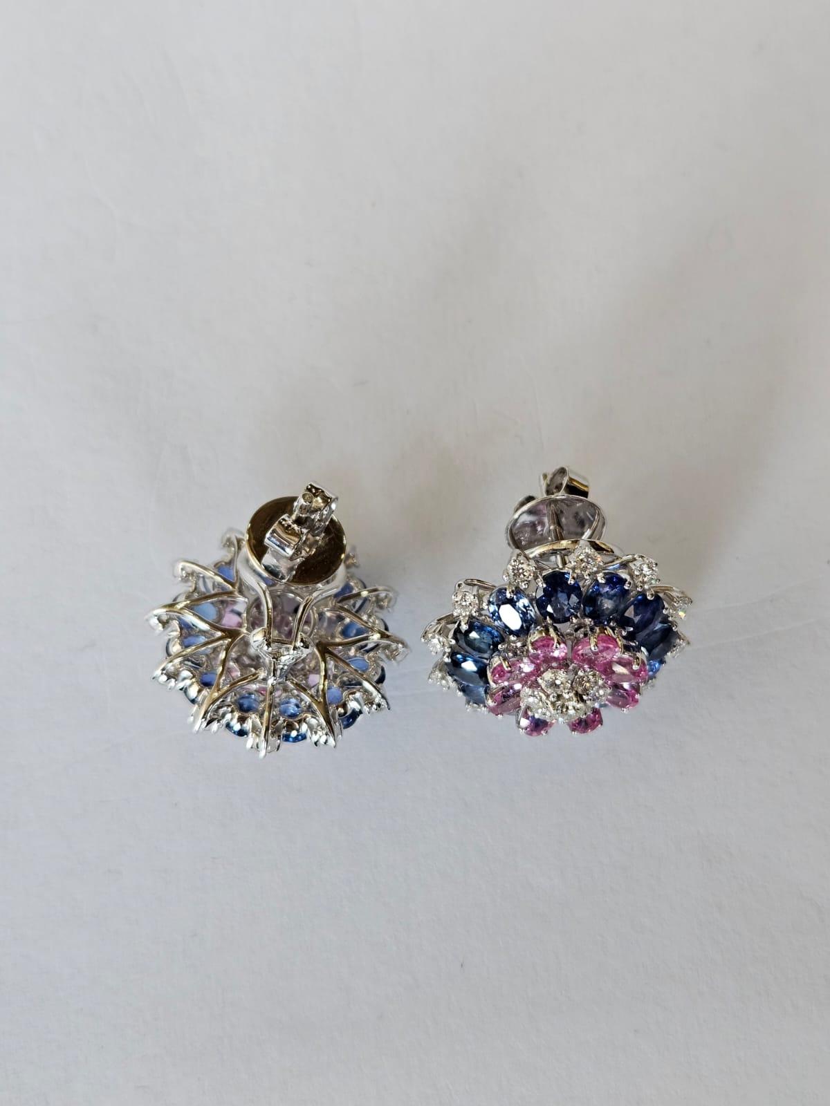 Set in 18K Gold, Ceylon Blue Sapphires, Pink Sapphires & Diamonds Stud Earrings For Sale 2