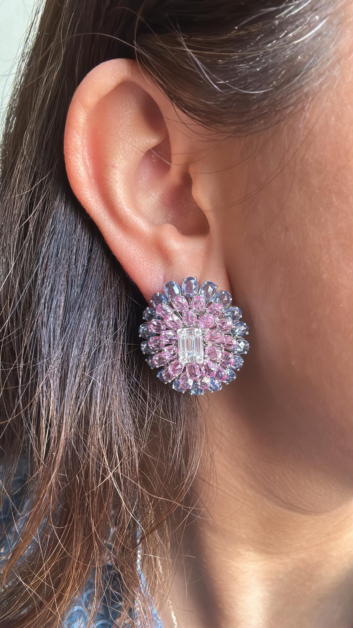 Set in 18K Gold, Ceylon Blue Sapphires, Pink Sapphires & Diamonds Stud Earrings 3