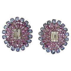 Set in 18K Gold, Ceylon Blue Sapphires, Pink Sapphires & Diamonds Stud Earrings