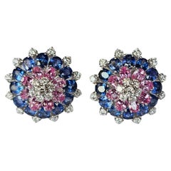 Set in 18K Gold, Ceylon Blue Sapphires, Pink Sapphires & Diamonds Stud Earrings