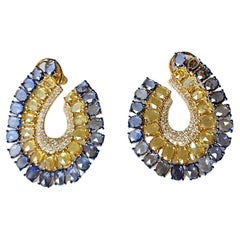 Set in 18K Gold, Ceylon Blue Sapphires, Yellow Sapphires 
Diamond Hoop Earrings