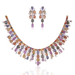 Gliederhalskette und Ohrringe aus 18 Karat Gold, Ceylon Multi Saphir & Diamant