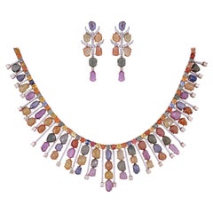 Set in 18K Gold, Ceylon Multi Sapphire & Diamond Link Necklace & Earrings