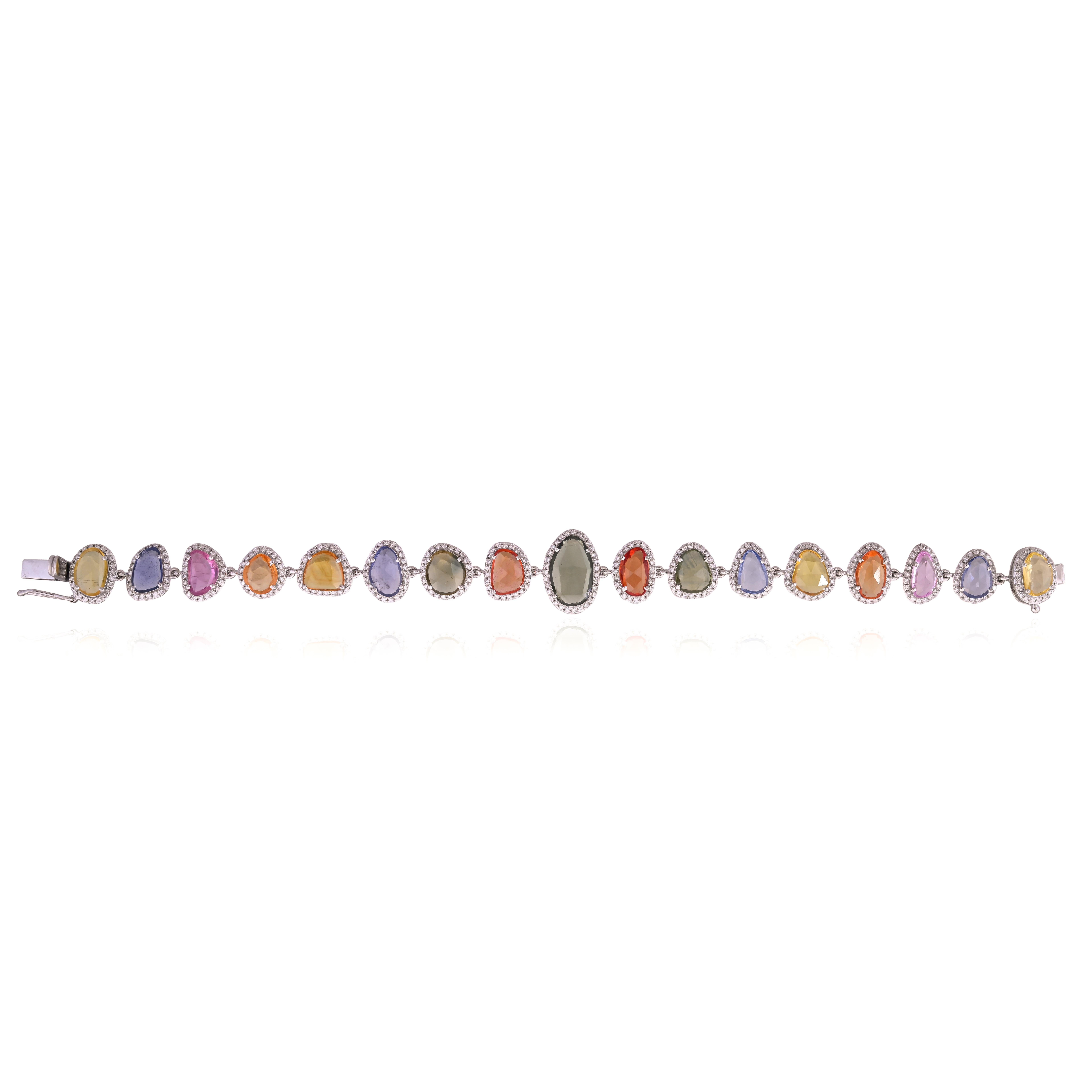 Bracciale moderno in oro 18 carati, zaffiri multipli di Ceylon taglio rosa e diamanti in vendita 5