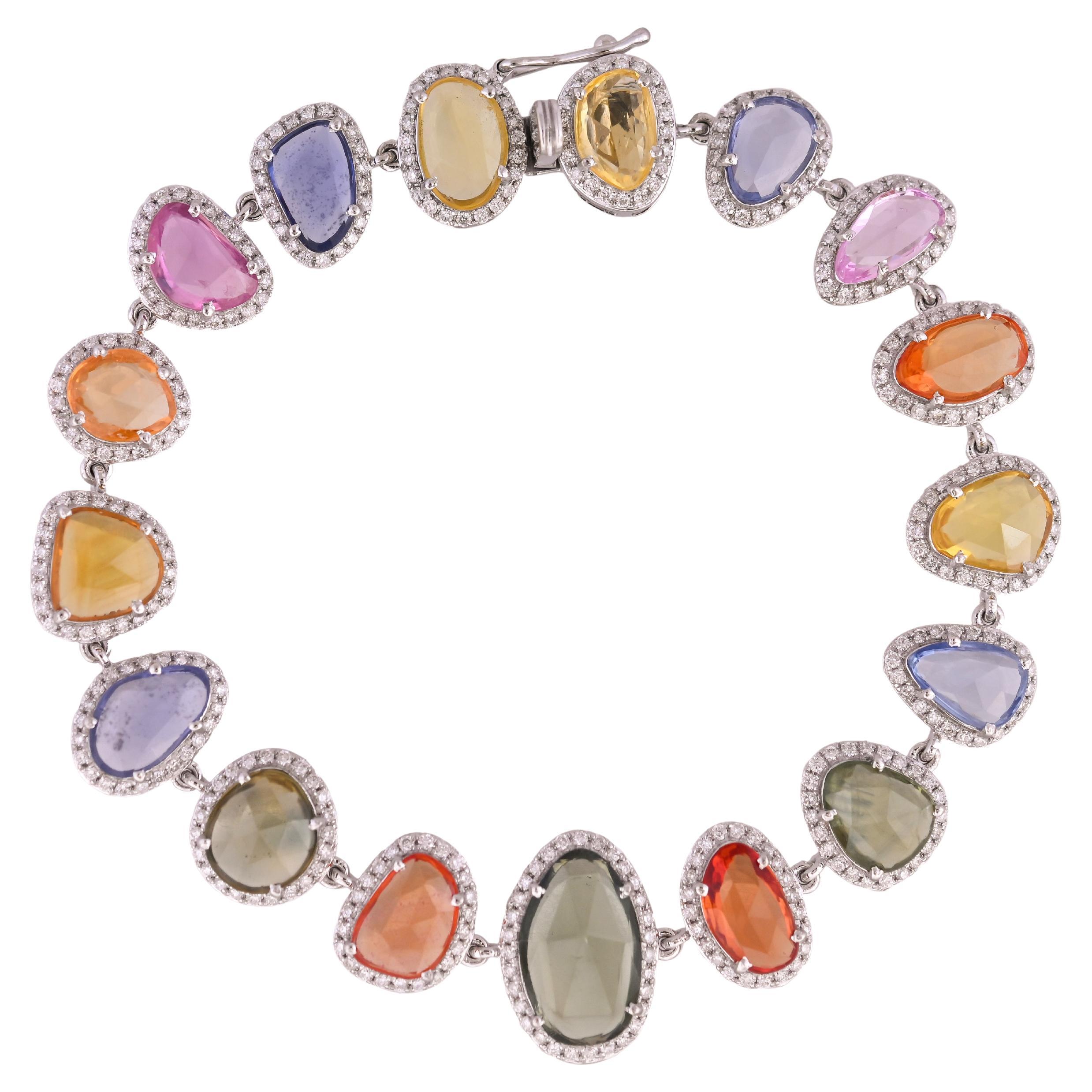 Set in 18K Gold, Ceylon Multi Sapphire Rose cuts & Diamonds Modern Bracelet