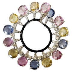 Set in 18K Gold, Ceylon Multi Sapphires, Black Enamel 
Diamond Pendant Necklace