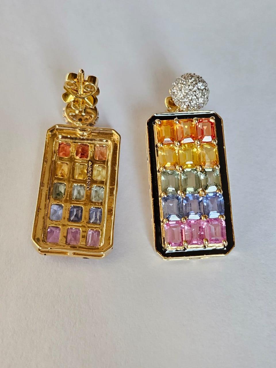 Art Deco Set in 18K Gold, Ceylon Multi Sapphires, Black Enamel & Diamonds Dangle Earrings For Sale