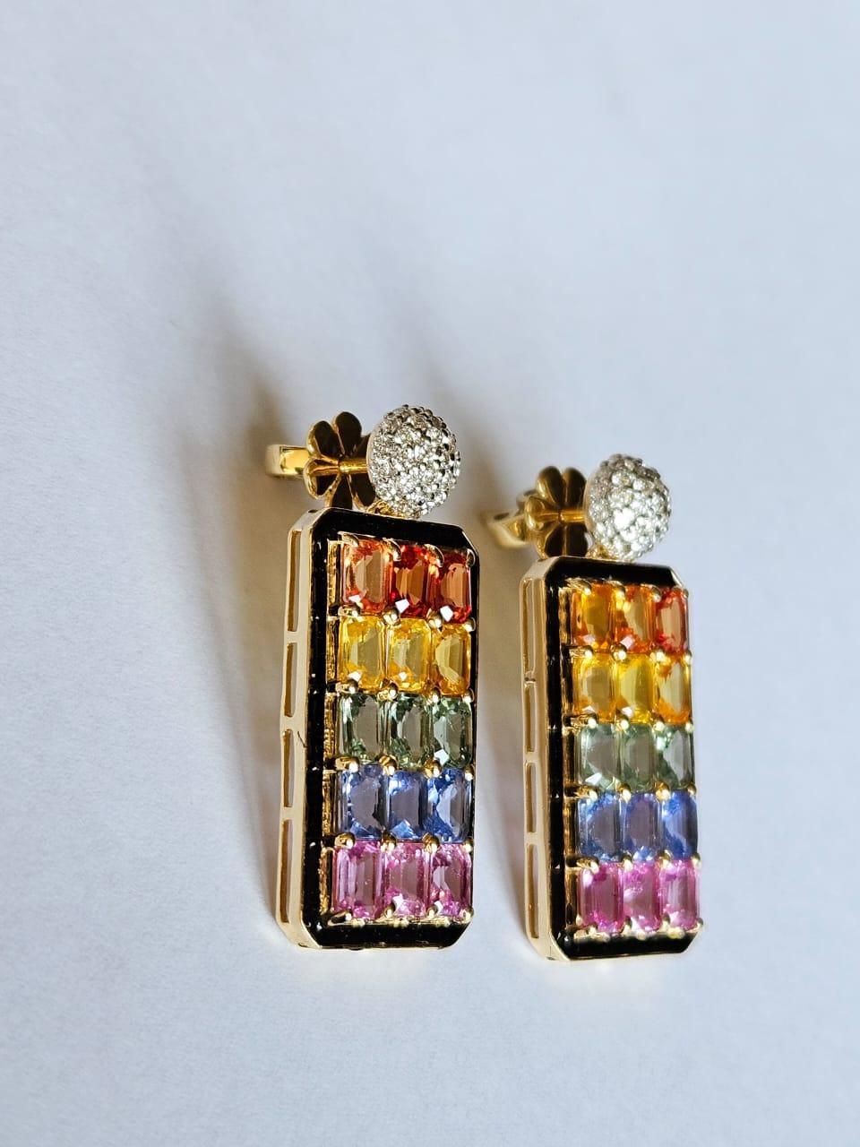 Emerald Cut Set in 18K Gold, Ceylon Multi Sapphires, Black Enamel & Diamonds Dangle Earrings For Sale