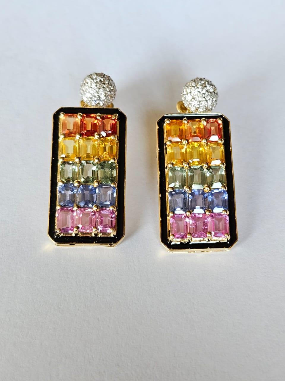 Set in 18K Gold, Ceylon Multi Sapphires, Black Enamel & Diamonds Dangle Earrings In New Condition For Sale In Hong Kong, HK